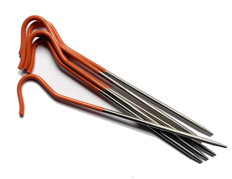 Vargo Titanium Shepherds Hook Stake with Fluorescent Orange Head (6 Pack) | Camping Tent Stakes | 0.3 Ounces (8 Grams) 6.5â€ L x 0.14â€ D (165 x 3.5mm) | Ultralight Durable Tent pegs | Model T-117 - Image 1